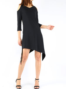 Women's 3/4 sleeve asymmetrical cotton dress, plus size oversized customized tunic dress, black dress, summer dress(Y1907) - lijingshop