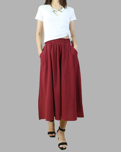 Midi linen skirt, elastic waist skirt, Boho skirt with pockets, high waist skirt, flared skirt(Q1062)