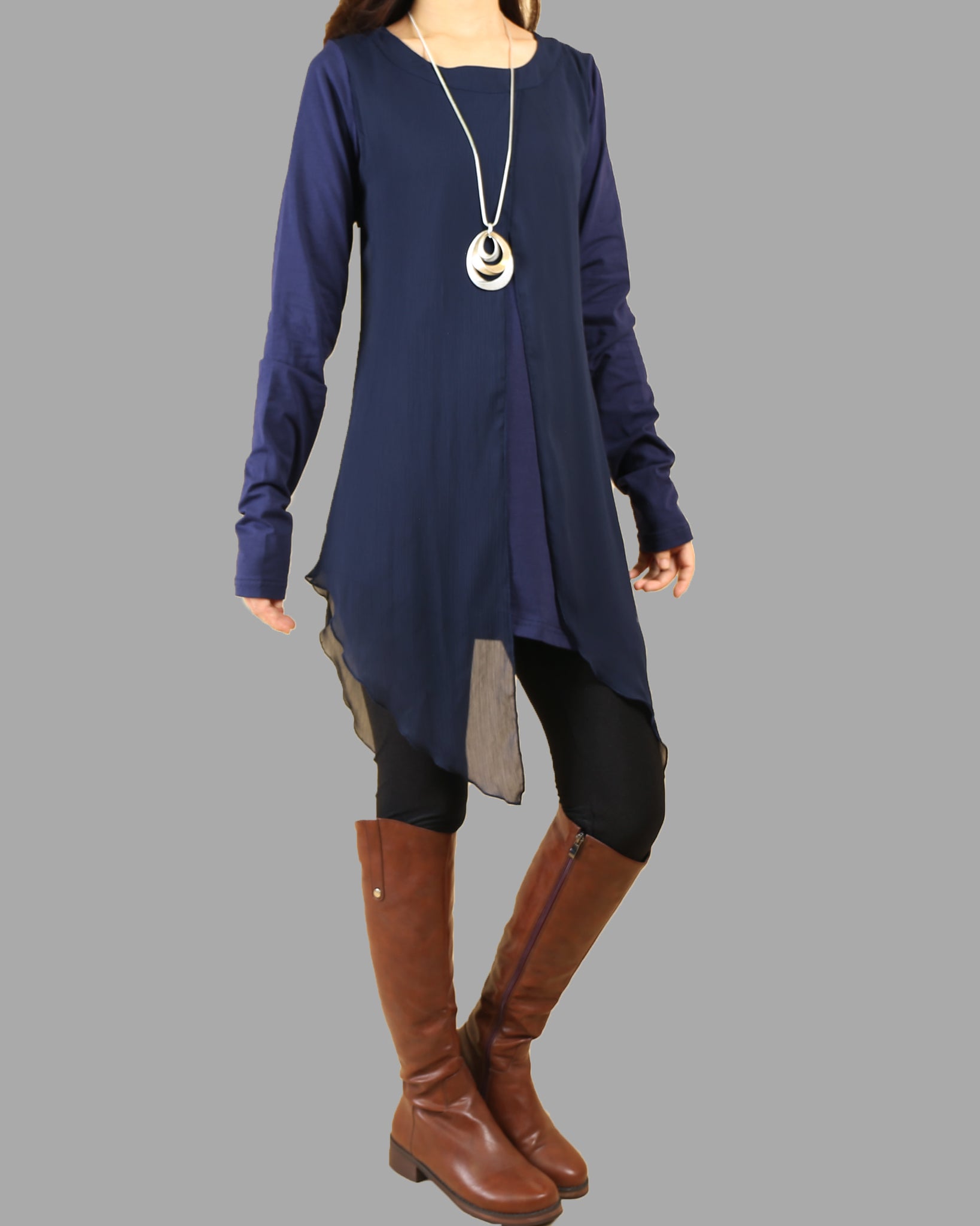 Womens Long Sleeve Top/Cotton and Chiffon Tunic Dress/Layered Cotton T –  lijingshop