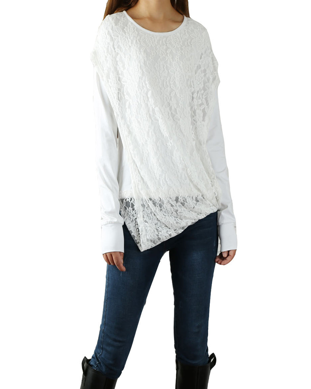 Womens Lace Cotton Hoodie/cotton Top/Oversized Plus size Sweatshirt/Casual Top/Customized T-shirt/Asymmetry clothing/Boho t-shirt/Long Sleeve Shirt(Y3118S) - lijingshop