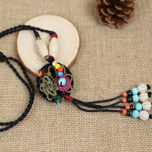 Black Ethnic style necklace, hand-woven coconut shell necklace, metal sweater necklace(L1915)