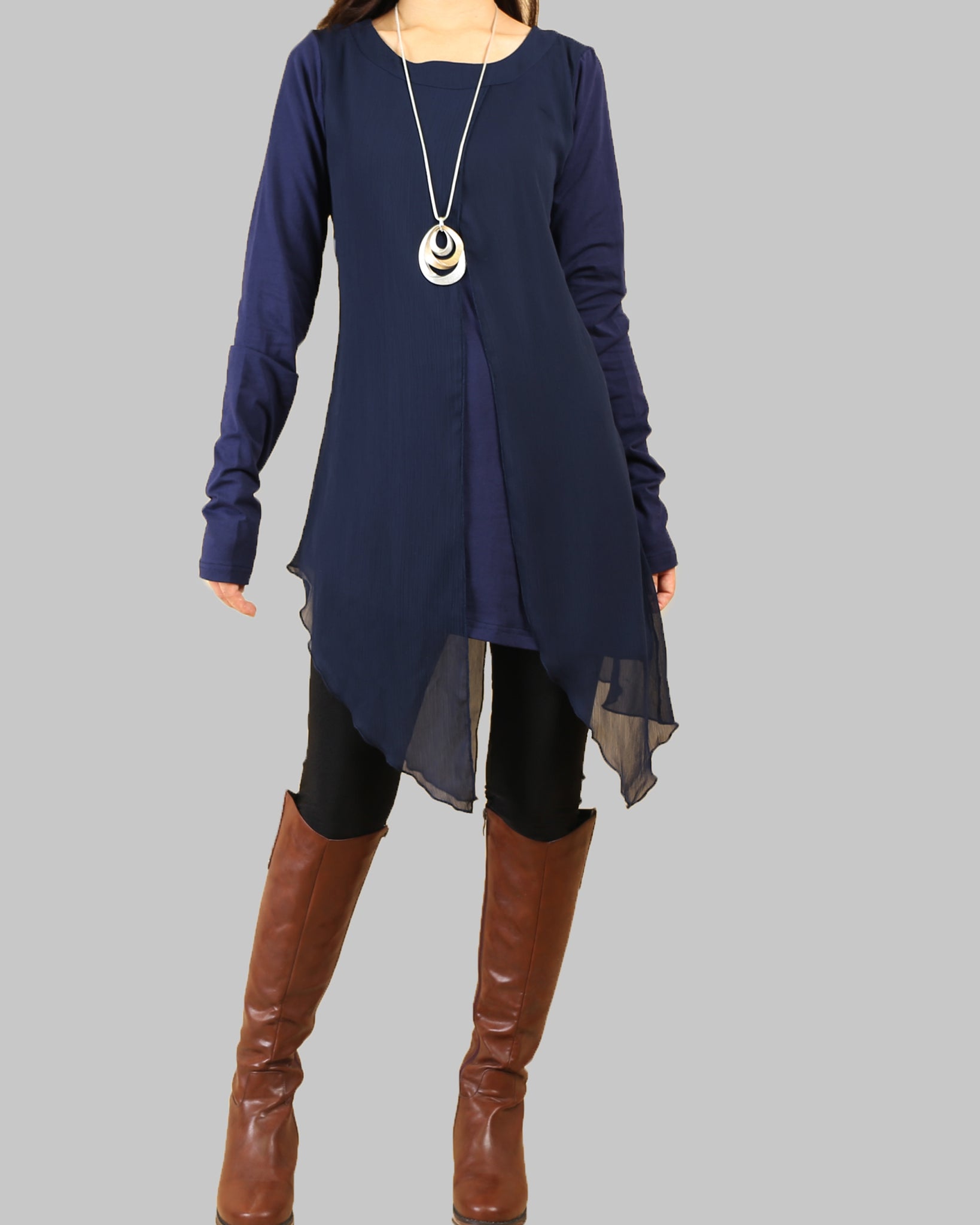Cotton and Chiffon Tunic Dress/Womens Long Sleeve Top/Layered Cotton T – lijingshop