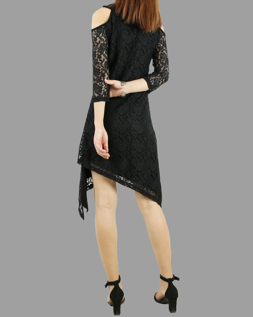 Women's lace and modal dress, 3/4 sleeve asymmetrical cotton dress, plus size oversized customized tunic dress, black dress, summer dress(Y1908)