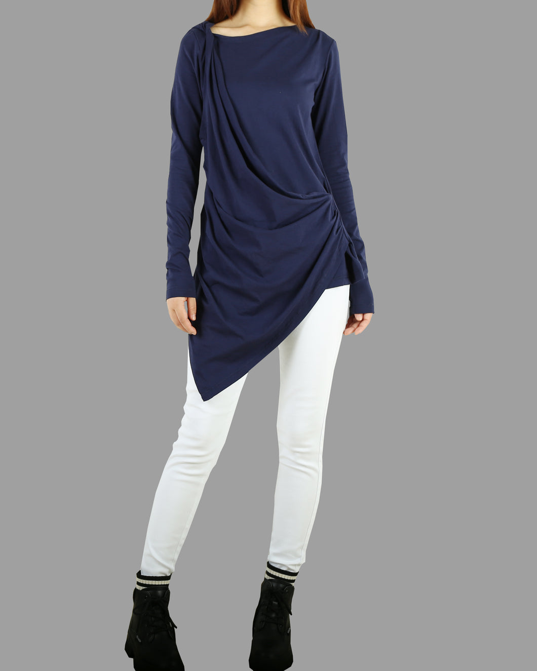 Women Asymmetrical Cotton Top/Long Sleeve Tunic Dress/cotton  t-shirt/Customized shirt/Tunic Top for Leggings(Y1704)