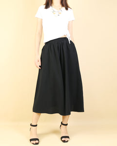 Midi linen skirt, elastic waist skirt, Boho skirt with pockets, high waist skirt, flared skirt(Q1062)