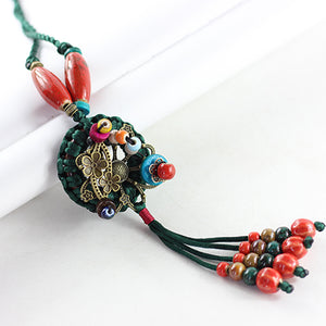Blue Ethnic style necklace, hand-woven coconut shell necklace, metal sweater necklace(L1915)
