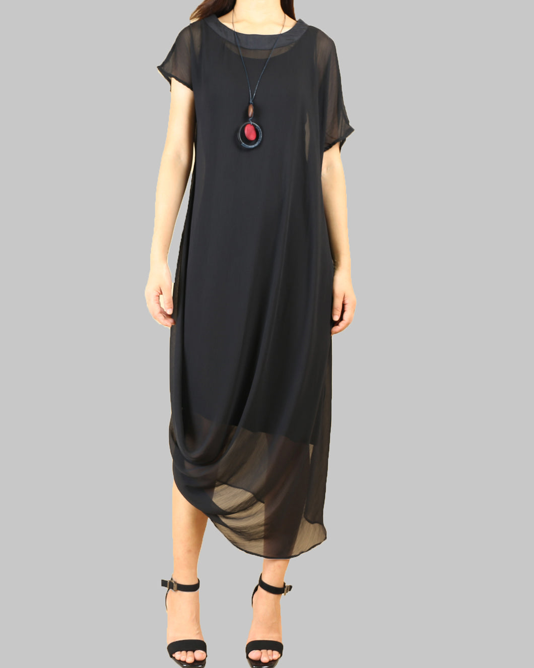 Women pleated chiffon dress set/crew neck dress/modal cotton dress/short sleeve dress/asymmetrical dress(Q1515)