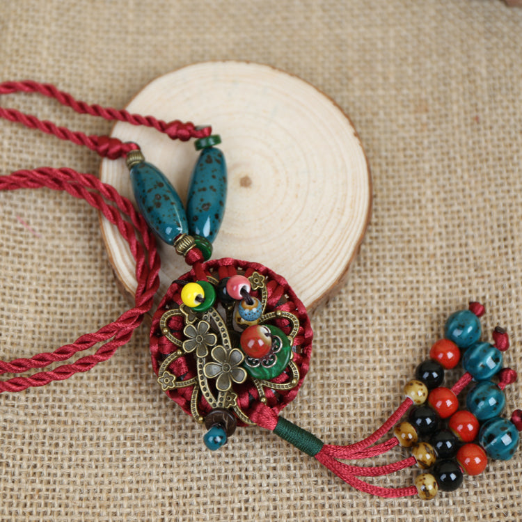 Red Ethnic style necklace, hand-woven coconut shell necklace, metal sweater necklace(L1915)