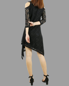 Women's 3/4 sleeve asymmetrical cotton dress, lace and modal dress, plus size oversized customized tunic dress, black dress, summer dress(Y1908)
