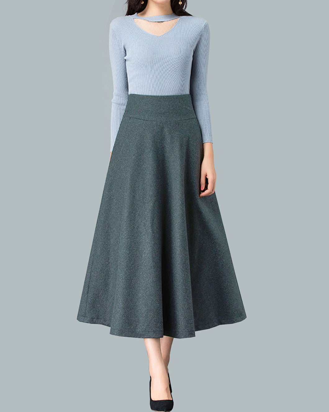 Wool skirt, midi skirt, Winter skirt, dark gray skirt, long skirt, vintage skirt, high waist skirt, flare skirt Q0026