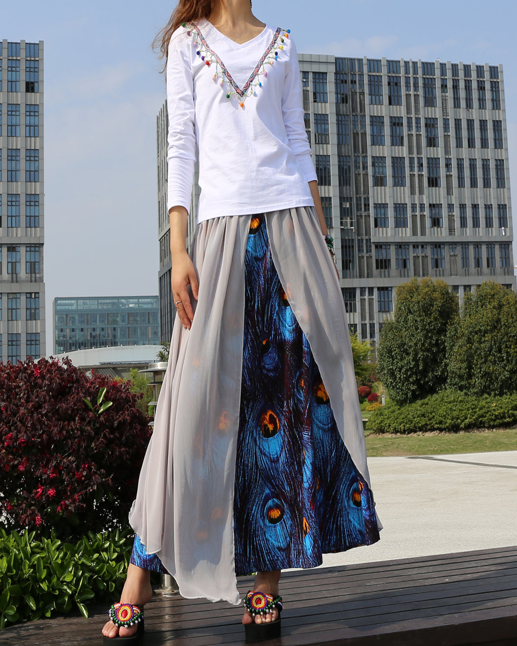 Women's Cotton and Chiffon skirt/Sari Maxi Skirt/peacock feather printed skirt/long skirt/elastic waist skirt(Q1106) - lijingshop