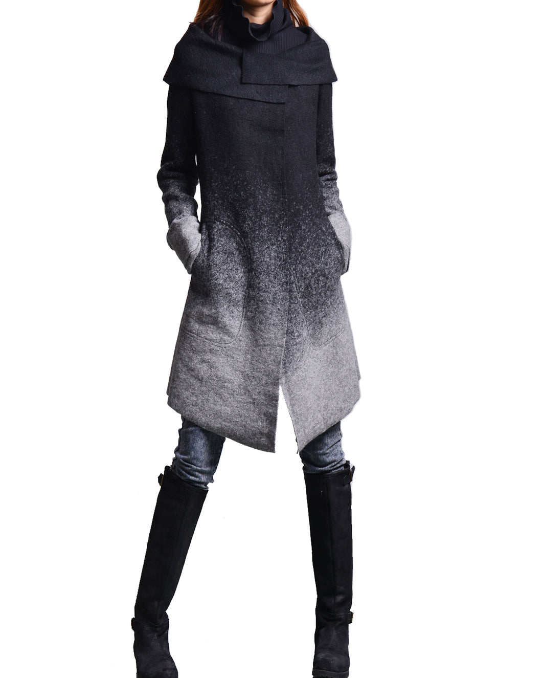 Womens wool coat and Cotton Top Set, Gradient Color Coat, Black Long Sleeve T-shirt, Winter Jacket, Wool Overcoat, Black and Gray Coat, Cotton Bottoming Top(Y1591) - lijingshop