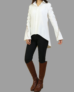 Women's Cotton Linen blouse/Bell Sleeves Shirt Dress/long sleeve shirt(Y20171a)