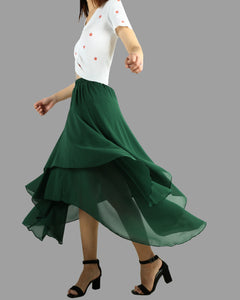 Women's elastic waist skirt, asymmetrical skirt, chiffon skirt, customized summer skirt(Q1004)