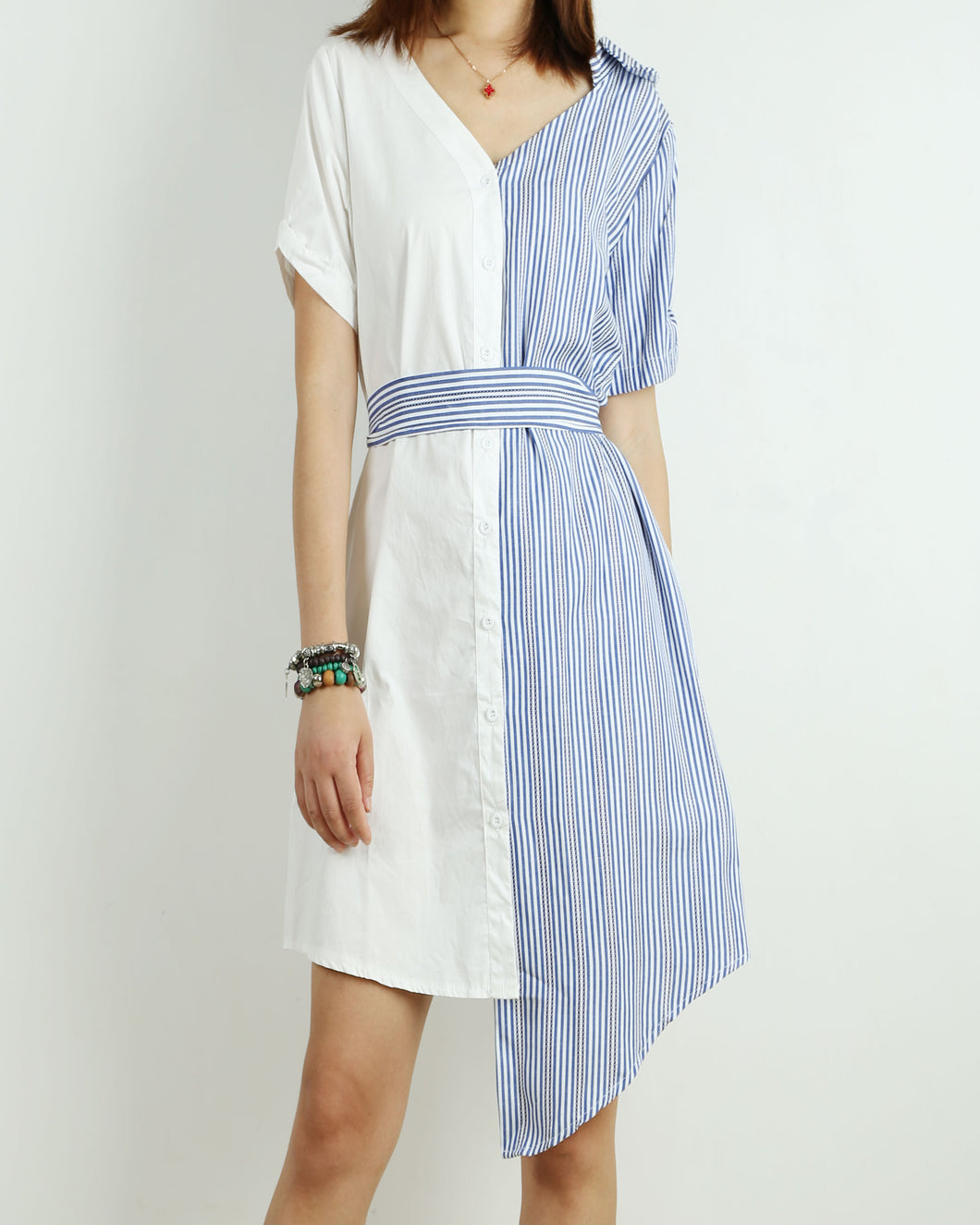 Women's summer short sleeved blouse/white stripe shirt dress/plus size oversized dress/casual customized maternity asymmetrical dress(Y1705)