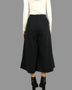 Cropped pants, Wool wide leg pants, loose pants, black trousers, mid-calf length pants, handmade winter pants(K1908)