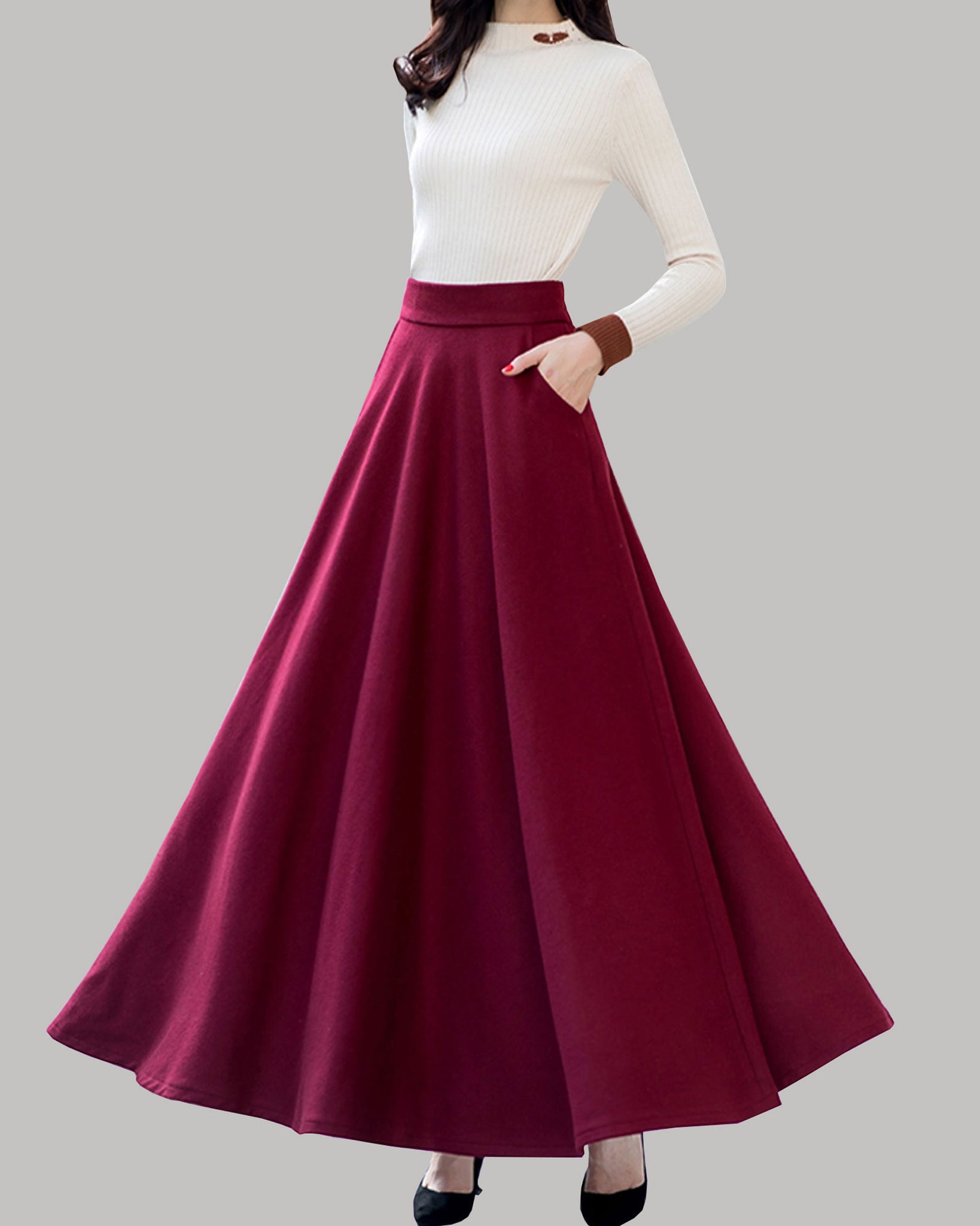 Long Maxi Wool Skirt, Vintage 1950s Elastic Waist Wool Skirt, Winter Skirt  for Women, A Line Wool Skirt With Pockets, High Waist Skirt 2437 