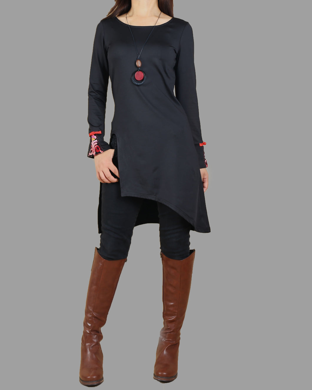 Women's Long Sleeve t-shirt/Asymmetrical Cotton tunic dress/black tunic Top/embroidered dress(Y1508)