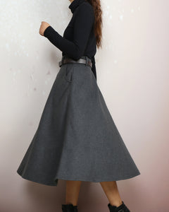 Wool skirt, Midi skirt, Winter skirt, Wool skirt with belt, custom made skirt, black skirt (Q2143)