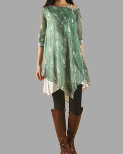Silk dress, peacock feather printed dress, half sleeve tunic dress, modal cotton dress, summer dress, tunic top for leggings(Q1050)