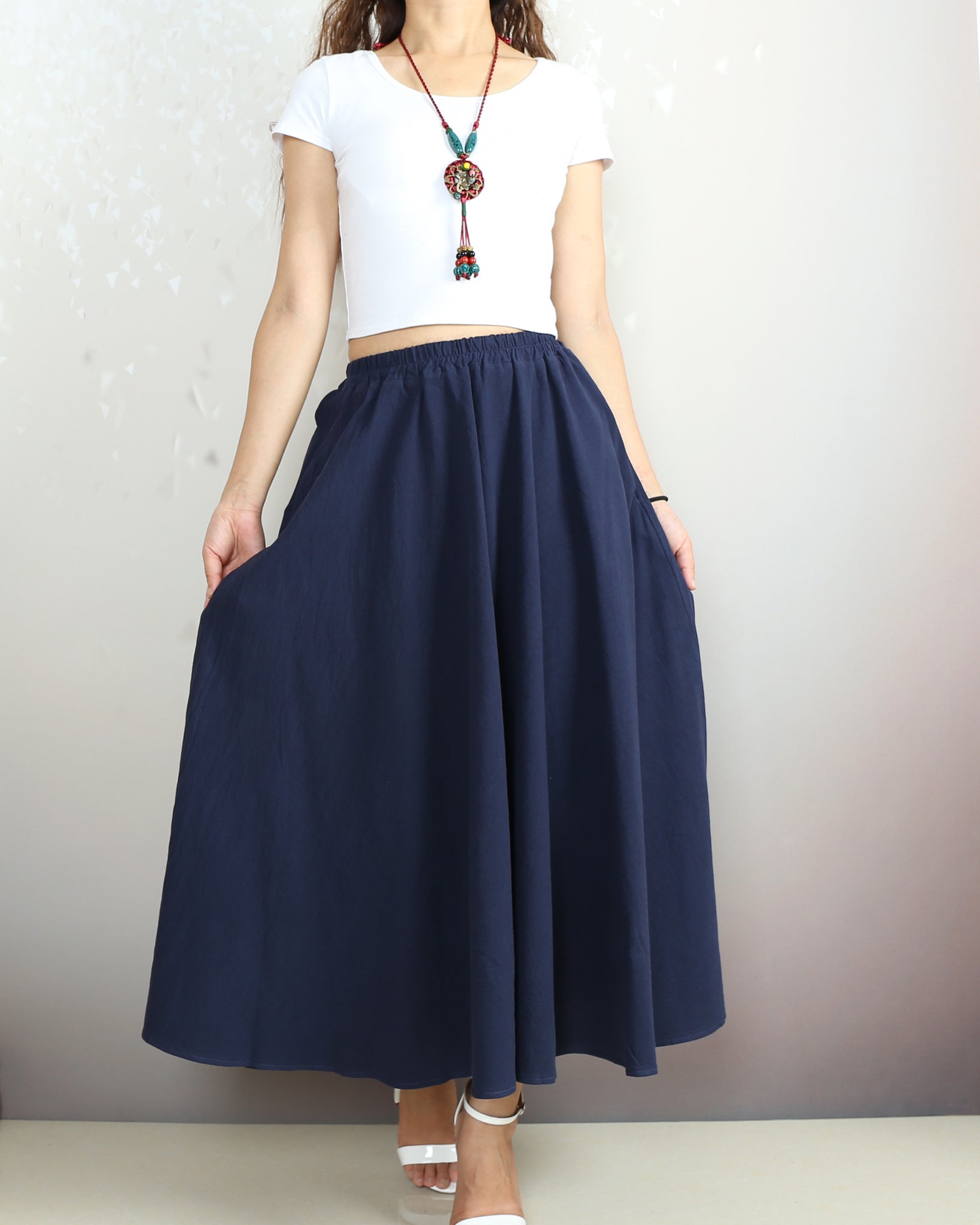 Elastic waist skirt, Midi linen skirt, Boho skirt with pockets