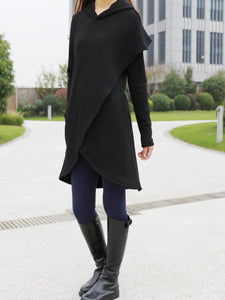 Women's asymmetrical hoodie/ thick cotton fleece top/plus size jacket/oversized tunic dress/black tunic top/casual customized hoodie(Y3120) - lijingshop