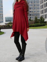 Load image into Gallery viewer, Women&#39;s shawl collar tunic dress/black red cotton dress/plus size sweater/oversized top/casual tunic top/maternity dress/asymmetrical shirt (Y1536) - lijingshop
