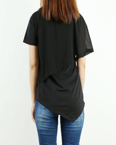 Short sleeve cotton and chiffon top, asymmetrical layered t-shirt, T-shirts for women, customized top, black t-shirt, summer top(Y1009)