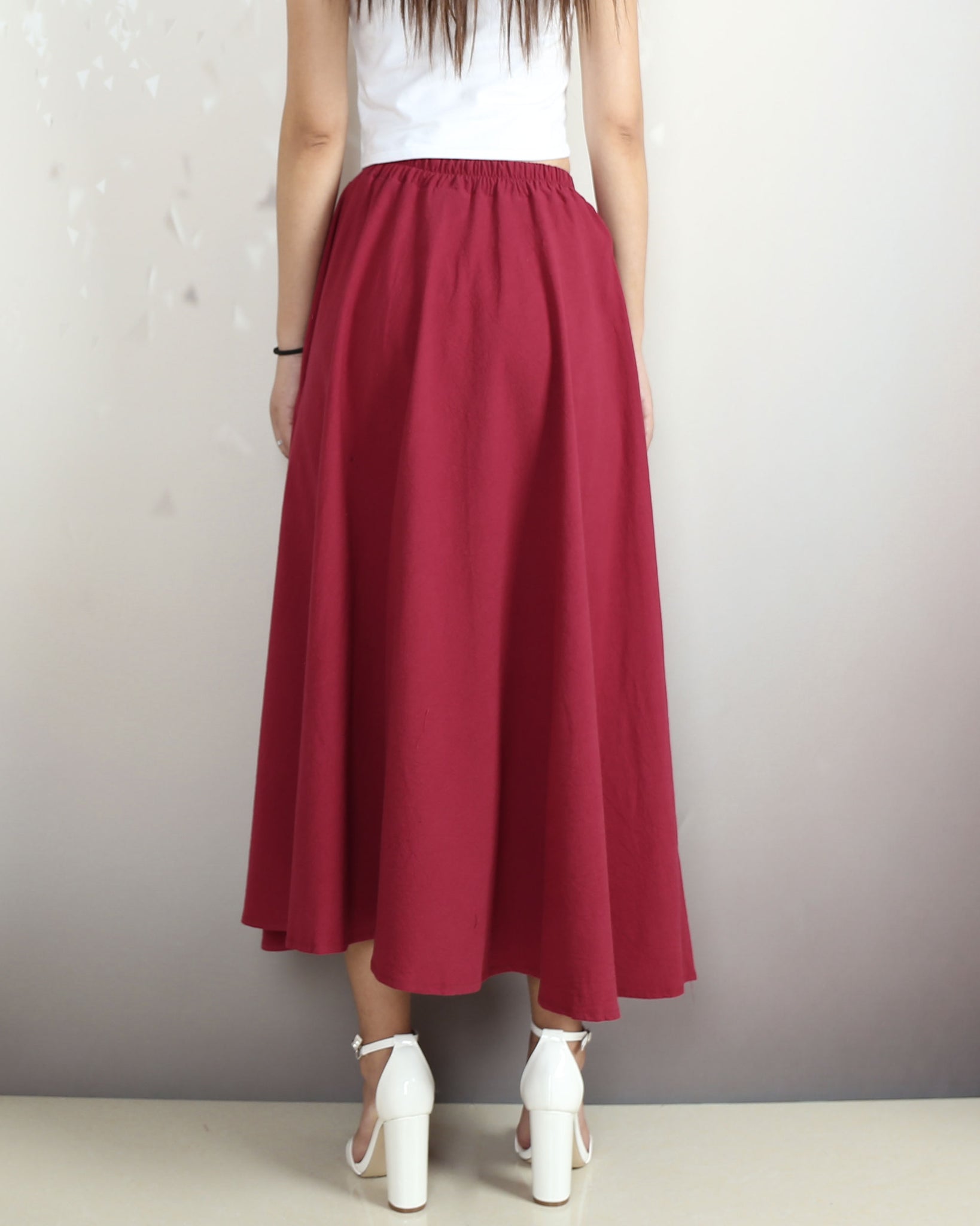 Linen Cotton Boho Chic Layered Tassels High Waist Pom Poms Mini Skirts, L / Red