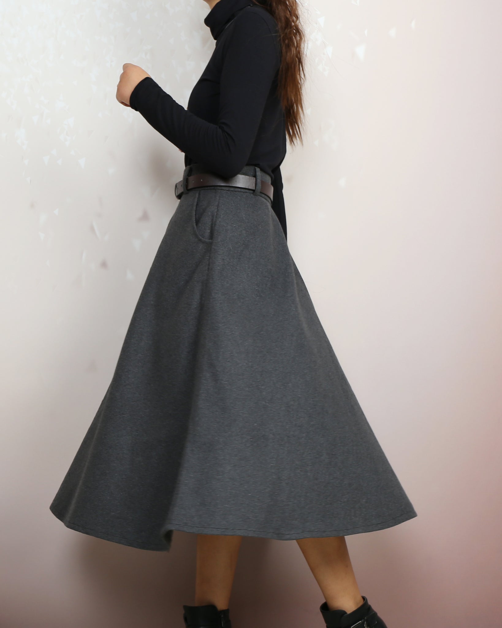 Midi skirt, Winter skirt, Wool skirt with belt, custom made skirt