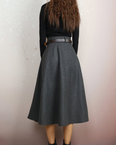 Wool skirt with belt, winter skirt, custom made skirt, midi skirt, black skirt (Q2143)