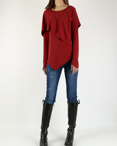 Women's oversized casual t-shirt/asymmetrical layered cotton top/customized clothing/long sleeve tops(Y1217) - lijingshop