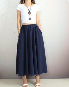Elastic waist skirt, Midi linen skirt, Boho skirt with pockets, high waist skirt, flared skirt(Q1065)