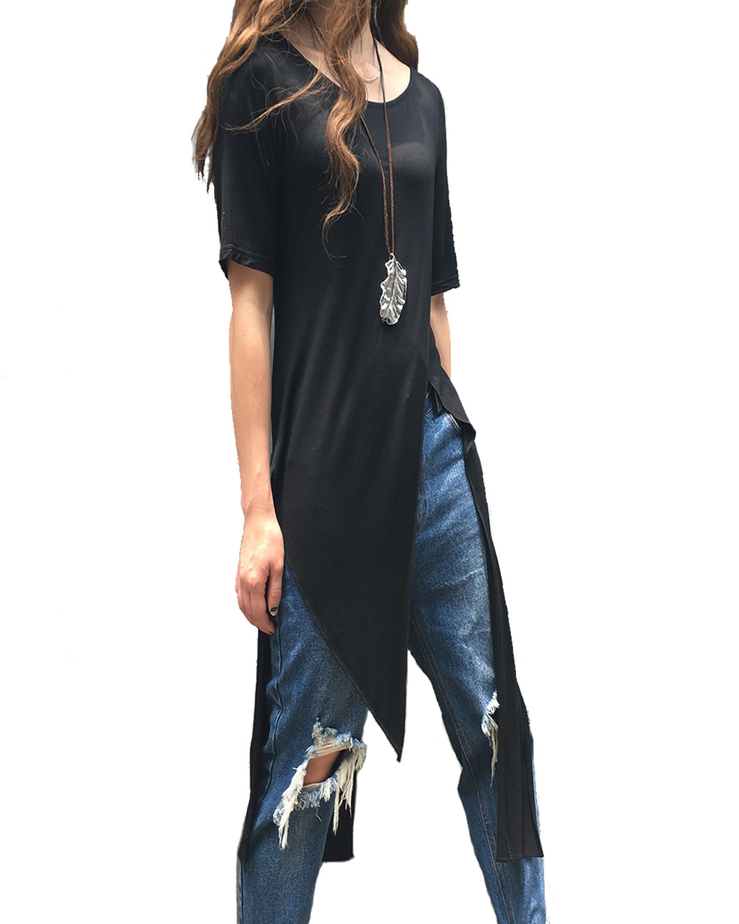 Women's tunic dress/modal cotton tunic dress/short sleeve dress/asymmetrical top/customized black dress(Y1943) - lijingshop