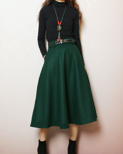 Wool skirt with belt, winter skirt, custom made skirt, midi skirt, black skirt (Q2143)