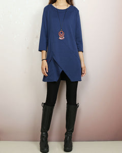 Boho tunic tops, 3/4 sleeve cotton tunic top, casual loose t-shirt, women's dark blue long tops(Y2008)
