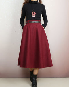 Wool skirt with belt, winter skirt, custom made skirt, midi skirt, black skirt (Q2143)