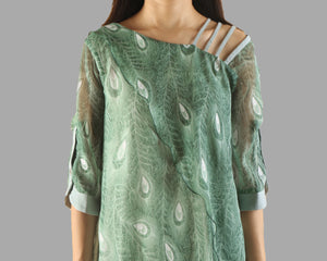 Silk dress, peacock feather printed dress, half sleeve tunic dress, modal cotton dress, summer dress, tunic top for leggings(Q1050)