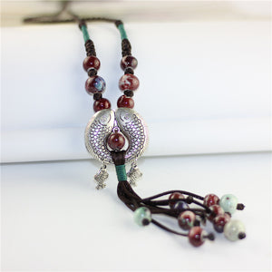 Ethnic accessories Original handmade fish necklace long ceramic tassel sweater chain literature and art(L1916)
