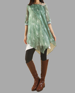 Peacock feather printed dress, silk dress, half sleeve tunic dress, modal cotton dress, summer dress, tunic top for leggings(Q1050)