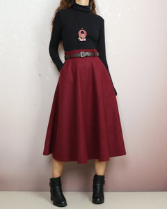 Winter skirt, Wool skirt with belt, custom made skirt, midi skirt, black skirt (Q2143)