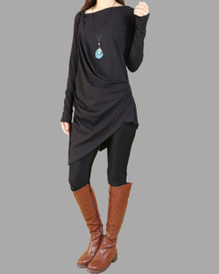 Asymmetrical Cotton Top/Long Sleeve Tunic Dress/cotton  t-shirt/Customized shirt/Tunic Top for Leggings(Y1704)