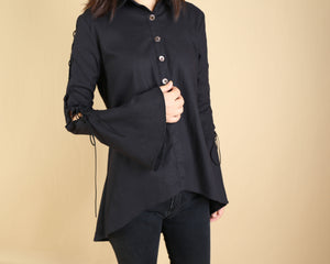 Women's Cotton Linen blouse/Bell Sleeves Shirt Dress/long sleeve shirt(Y20171a)