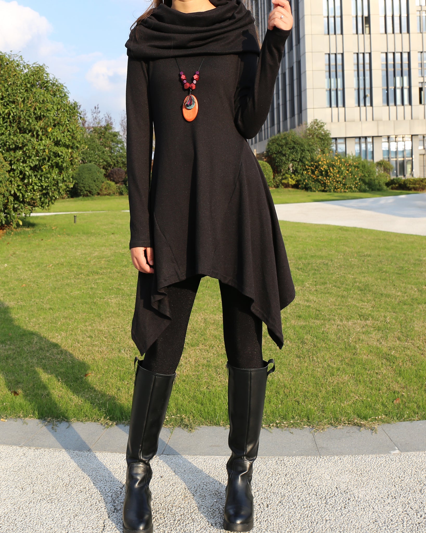 Women's shawl collar tunic dress/black red cotton dress/plus size
