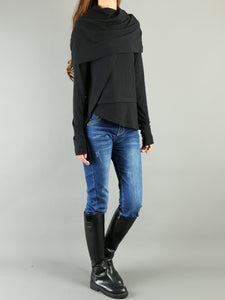 Women's Poncho top/Asymmetrical Knit Top/black top/Oversized t-shirt/casual top/customized top( Y3125) - lijingshop