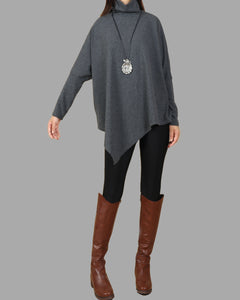 Bat sleeve top, cotton tunic top, high neck cotton t-shirt, oversized top,maternity clothing, asymmetrical tops(Y1079)