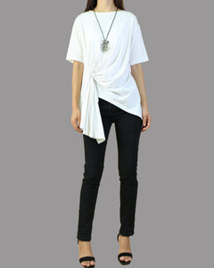 Oversize cotton top, Short sleeve cotton t-shirt, white summer T shirt, Asymmetrical tops(Y1075)