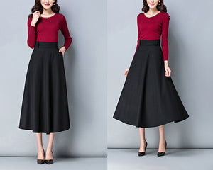 Winter skirt, Midi skirt, Wool skirt, dark gray skirt, long skirt, vintage skirt, high waist skirt, flare skirt, Wool skirt with belt Q0025