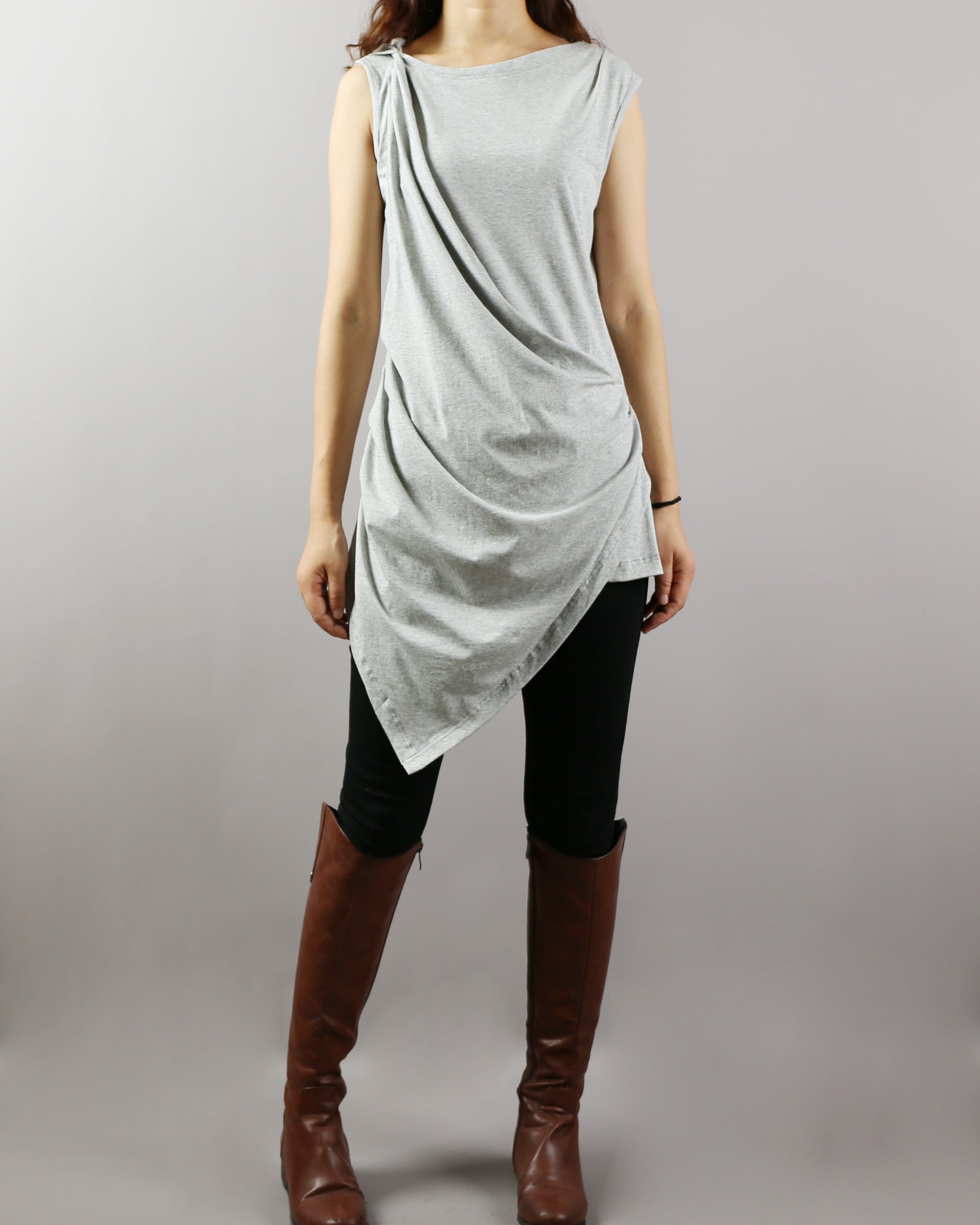 Asymmetrical Cotton Tank Top/Sleeveless Tunic Dress/cotton t-shirt/ Customized shirt/Tunic Top for Leggings(Y1704S)