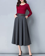 Load image into Gallery viewer, Midi skirt, Wool skirt, Winter skirt, dark gray skirt, long skirt, vintage skirt, high waist skirt, flare skirt, Wool skirt with belt Q0025
